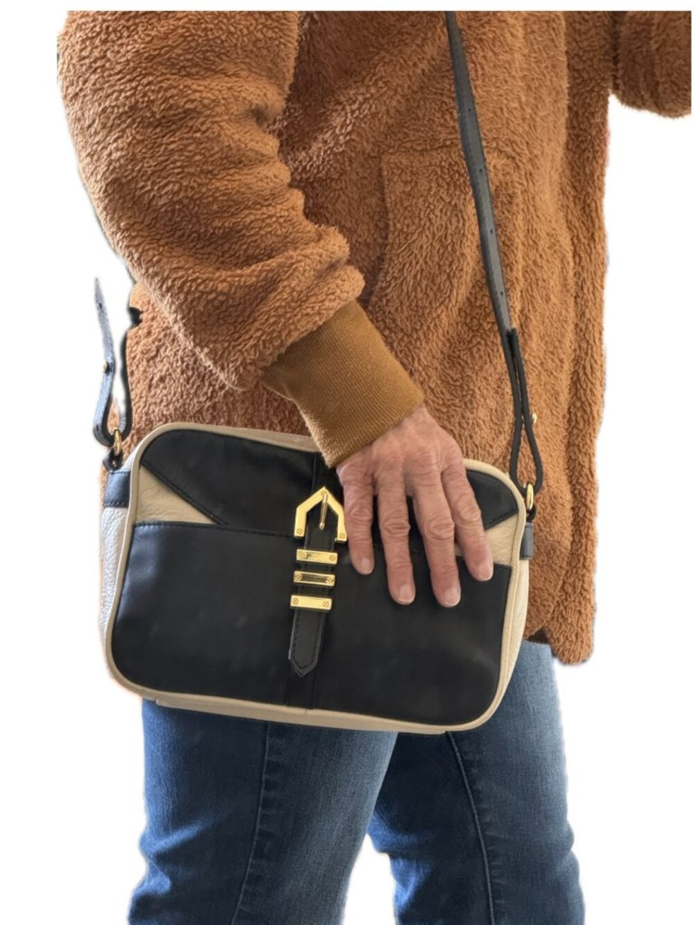 Linnea Pelle 2 Tone Leather Bag Compact Shoulder Crossbody Tan Brown
